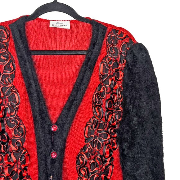 Vintage Karl Bein Cologne Red & Black Cardigan w/ 3D Ribbon Trim - Size M (est.) - Picture 1 of 4